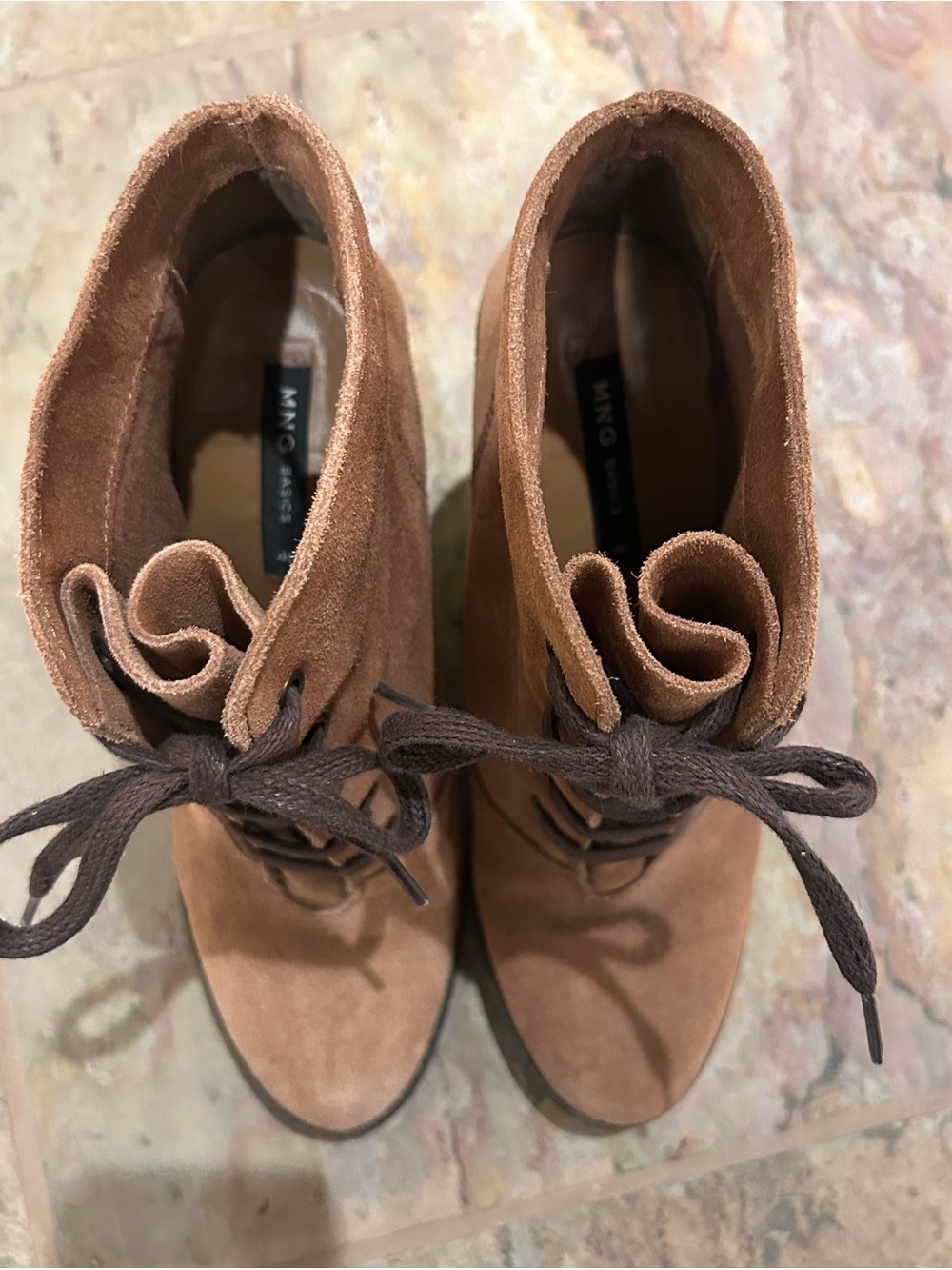 Mango Suede Lace-Up Wedge Booties — Tan, Size 9 - Picture 6 of 10